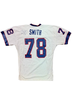 Mid 1980s Bruce Smith Buffalo Bills Rookie Era Game-Used & Autographed Jersey (Many Repairs)