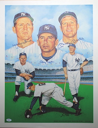 Mickey Mantle, Whitey Ford and Billy Martin Signed Sue Rini Lithograph (JSA)