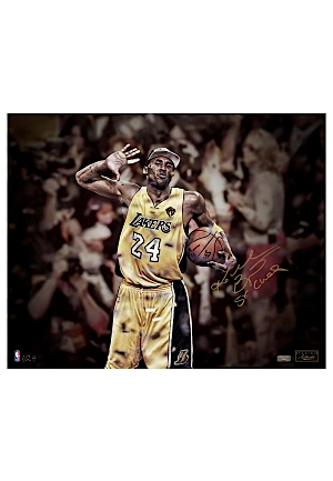 Kobe Bryant Autographed Winning Championship 16x20 Photo w "5x Champion" Insc. Signed in Gold LE/24 (Panini Auth)