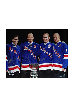 Mark Messier, Brian Leetch, Adam Graves And Mike Richter Multi Autographed With Cup Horizontal 16x20 Photograph w/Years Played Inscriptions (Steiner COA)