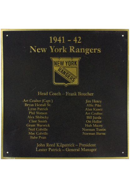 NY Rangers 1941-42 Team Roster Plaque (8"x8") (Brown with Gold Text and Border) (Rangers locker room) (Steiner Sports COA)