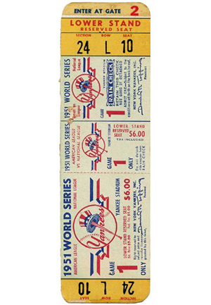 10/4/1951 NY Giants at NY Yankees World Series Game 1 Full Ticket (Mickey Mantles First WS Game)