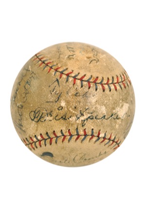 1928 New York Yankees & Philadelphia Athletics Dual Team-Signed Official American League Baseball with Ruth, Gehrig, Foxx & Cobb (Full JSA • Halper/Sothebys Collection)