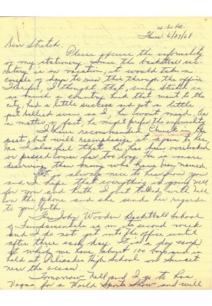 6/28/1968 John Wooden UCLA Hand-Written Letter to HoFer Stretch Murphy (JSA)
