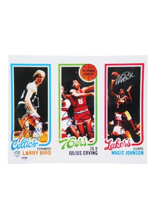 Larry Bird, Julius "Dr. J" Erving & Magic Johnson Multi-Signed 1980-81 Topps Cards Print (JSA • PSA/DNA)