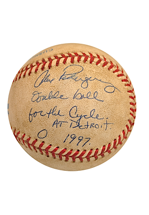 6/5/1997 Alex Rodriguez Actual Game-Used & Autographed Baseball Hit For A Double To Complete Cycle (JSA • First Mariner Ever To Cycle In A Regulation Game)