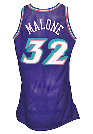 1997-98 Karl Malone Utah Jazz Twice-Autographed Pro Cut Road Jersey (JSA)