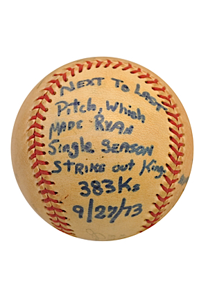 9/27/1973 Nolan Ryan Autographed Next-To-Last Pitch For Single Season Strikeout Record (JSA • Bat Boy LOA)