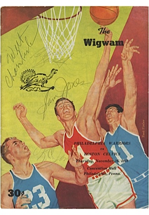 11/26/1959 Philadelphia Warriors vs Boston Celtics Program Autographed by Sam Jones, K.C. Jones, Bill Russell & Rookie Wilt Chamberlain (JSA)