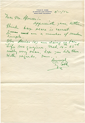 2/11/1952 Ty Cobb Handwritten Letter With Great Baseball Content & Box Score Of His First Pro Game In 1904 (2)(Full JSA LOA)