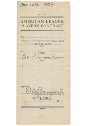 1929 Leo Durocher New York Yankees Signed Players Contract (Full JSA)