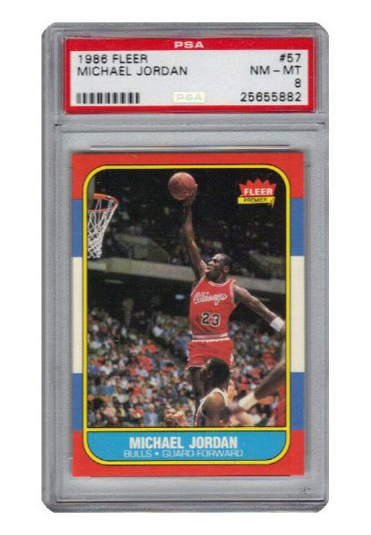 1986 Fleer #57 Michael Jordan Chicago Bulls RC Rookie Card & #8 MJ Sticker (2)(Hobby Fresh • Consignor Pulled • PSA/DNA Encapsulated)