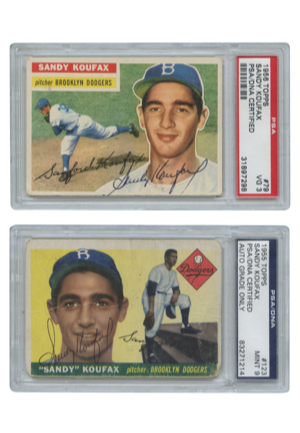 1955 & 1956 Sandy Koufax Topps Autographed Encapsulated Cards — #123 MINT 9 & #79 VG 3 (2)(JSA • PSA/DNA)