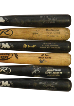 Lot Of Game-Used Bats — Circa 2002 Autographed Shawn Green Los Angeles Dodgers, 2003 Autographed Grady Sizemore Cleveland Indians Minor League, 2005-06 Tomo Ohka Milwaukee Brewers, 2006 Yunel...