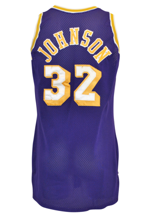 1988-89 Earvin "Magic" Johnson Los Angeles Lakers NBA Playoffs Game-Used Road Jersey (NBA MVP Season • Larry Fleisher Memorial Armband)