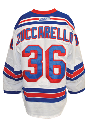 2015-16 Mats Zuccarello New York Rangers Game-Used Items — Two Road Jerseys & Bauer APX2 Gloves (3)(Steiner Sports LOAs)