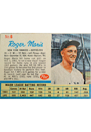 1962 Post Cereal Roger Maris New York Yankees #6 Baseball Card