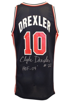1992 Clyde Drexler USA Basketball Olympic "Dream Team" Game-Used & Autographed Road Jersey (JSA • Picture Of Drexler Signing)