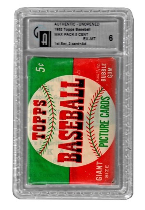 1952 Topps Baseball First Series Unopened Wax Pack (GA Graded EX-MT 6)