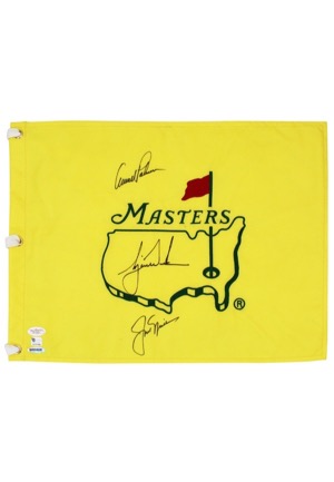 Tiger Woods, Jack Nicklaus & Arnold Palmer Multi-Signed "Masters" Pin Flag (Full JSA • UDA Hologram)