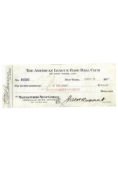 1927 New York Yankees Payroll Check Signed By President Jacob Ruppert, Ed Barrow & George Perry (JSA)
