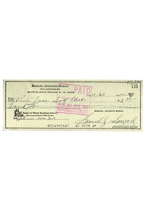 1972 Sam Snead Autographed Pine Tree Golf Club "Hole In One Insurance" Personal Check (JSA)
