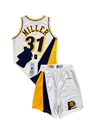 1993-94 Reggie Miller Indiana Pacers Game-Used Home Uniform With Armbands & Finger Sleeve (2)(Photo-Matched)