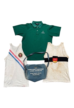 1977 Conn Findlay Americas Cup Courageous Sailing-Worn Polo, Two Olympic Rowing-Worn Jerseys (Likely 1956 Melbourne & 1964 Tokyo) & 1962 Rowing World Championship Bag (4)
