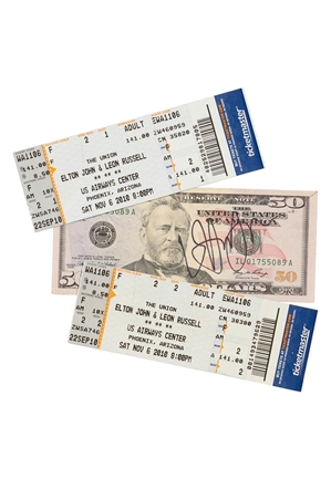 11/6/2010 Elton John Autographed $50 Bill & 2 Ticket Stubs (JSA Basic Cert)
