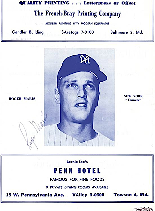 Roger Maris NY Yankees Autographed Dinner Program Page (JSA)