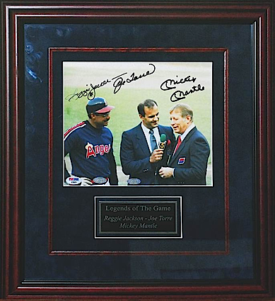 Framed Autographed Photo of Joe Torre Interviewing Mickey Mantle & Reggie Jackson (JSA)