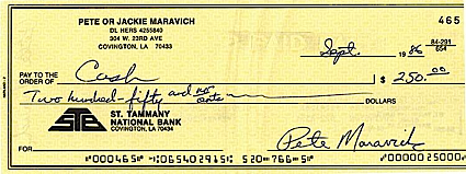 9/1986 Pete Maravich Double Signed Check (JSA)
