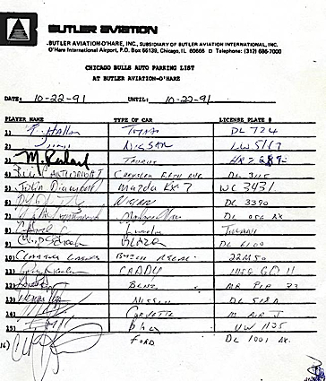 1991 Chicago Bulls Team Autographed Parking Sheet with Vintage Michael Jordan Signature (JSA)