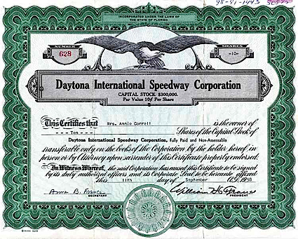 9/11/1958 Daytona International Speedway Stock Certificate