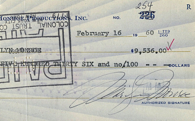 2/16/1960 Marilyn Monroe Autographed Partial Check (JSA)