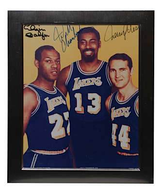 Chamberlain, West & Baylor Lakers Autographed Photo & Byron Scott Lakers Shower Towel (2) (JSA)