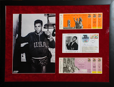 Framed Muhammad Ali Autographed Display with 1960 Olympics Unused Tickets (JSA)