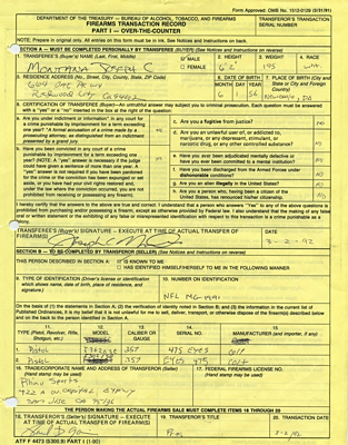 3/2/1992 Joe Montana Autographed Personal Firearms Transaction Record (JSA) (Signed Joseph C Montana)