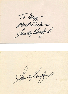 Lot of Sandy Koufax Autographed Index Cards (2) (JSA)