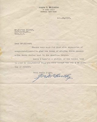 10/18/1938 Joe McCarthy Signed TLS (JSA)