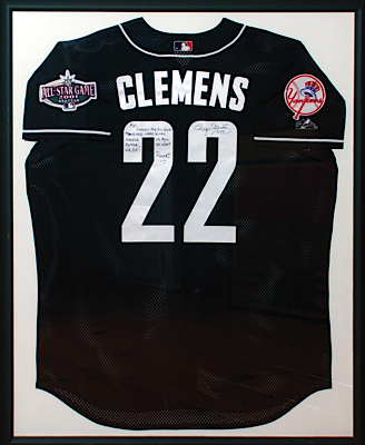 Framed 2001 Roger Clemens All-Star Game Autographed Replica BP Jersey Given to Brian McNamee (JSA) (McNamee LOA) (Priceless Inscription)
