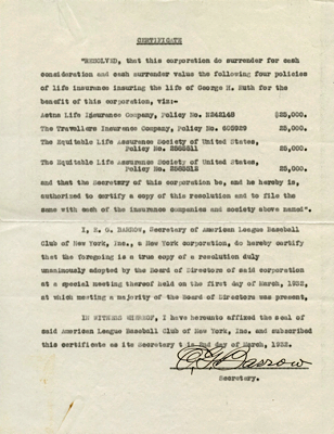 Babe Ruth NY Yankees Life Insurance Termination Document
