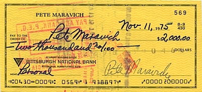 "Pistol" Pete Maravich Signed Check & Stub (2) (JSA)