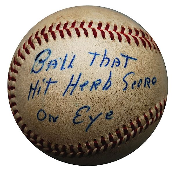 Actual 5/7/1957 Gil McDougald Hit Baseball that struck Herb Score in the Face (Pristine Provenance)