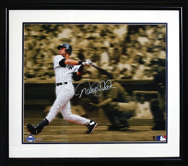 Lot of Derek Jeter NY Yankees Framed & Autographed Oversized Photos  - First Grand Slam & Third Base Slide with Stadium Dirt (2) (Steiner) (JSA)