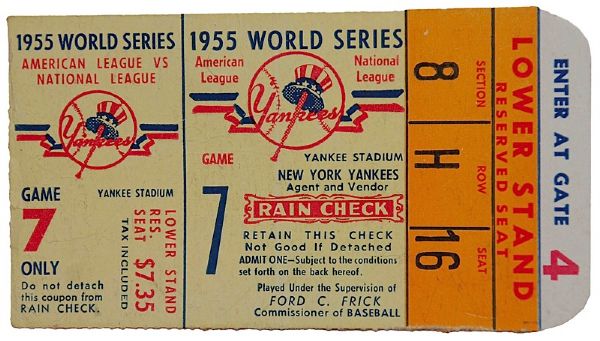 1955 Brooklyn Dodgers Game 7 World Series Ticket with Johnny Podres Photo (2)