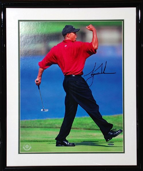 Framed Tiger Woods Autographed "Fist Pump" 16 x 20 Photo (UDA) (JSA)