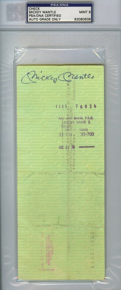 August 9, 1978 Mickey Mantle NY Yankees Endorsed Payroll Check (PSA/DNA Graded Mint 9) (JSA)