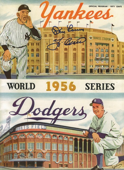 Berra & Larsen Dual Autographed 1956 World Series Program & Dual Autographed Ticket Stub (2) (JSA) 