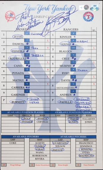 June 2, 2009 AJ Burnett NY Yankees vs. Rangers Autographed Lineup Card with "First Win at Stadium" (Yankees-Steiner) (MLB Auth) 